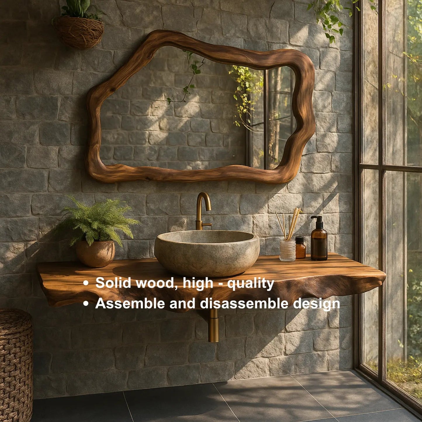 Handcrafted Solid Wood Floating Vanity with Natural Wave Edge for Organic Modern Bathrooms Kitchnce