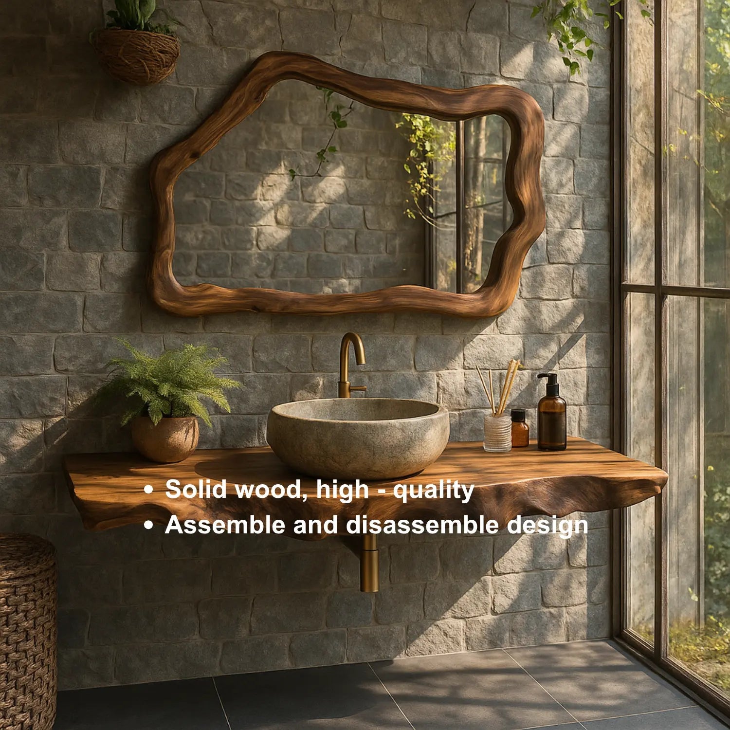 Handcrafted Solid Wood Floating Vanity with Natural Wave Edge for Organic Modern Bathrooms Kitchnce