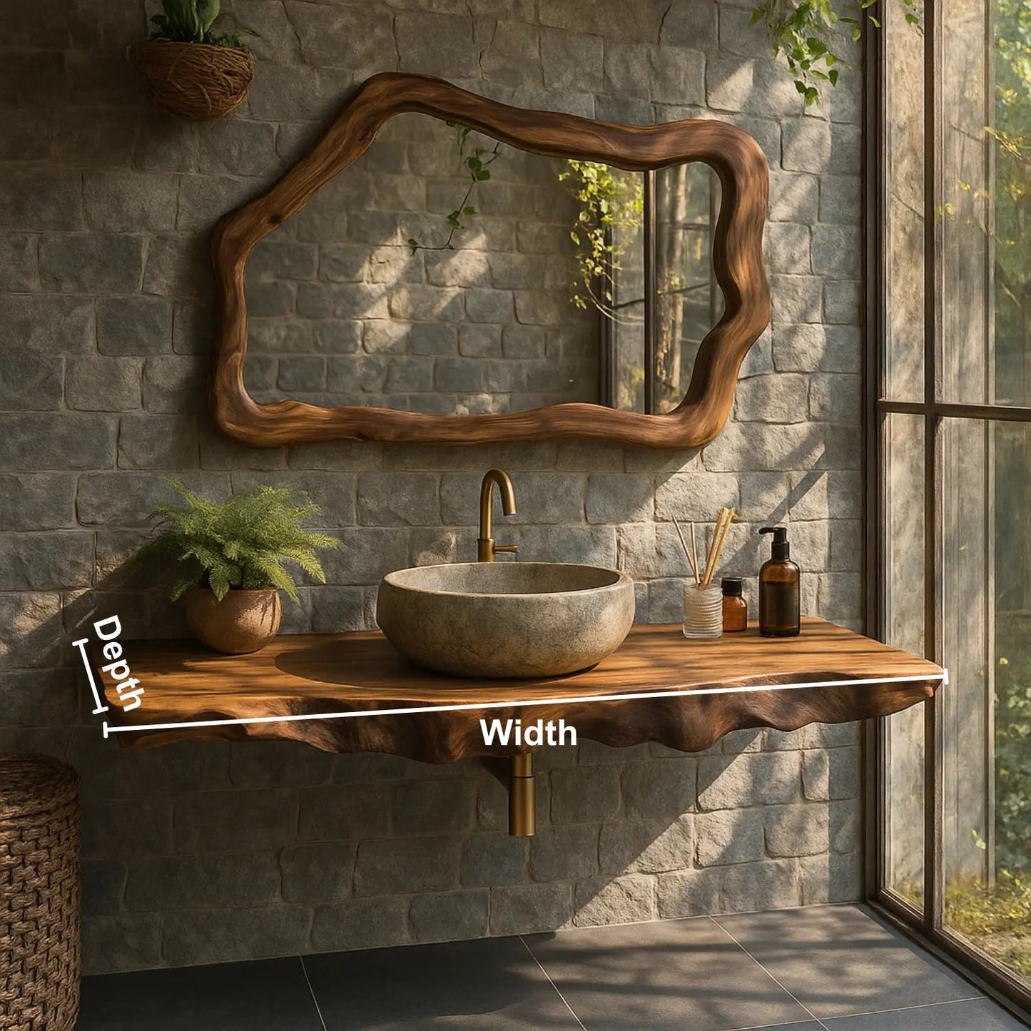 Handcrafted Solid Wood Floating Vanity with Natural Wave Edge for Organic Modern Bathrooms Kitchnce