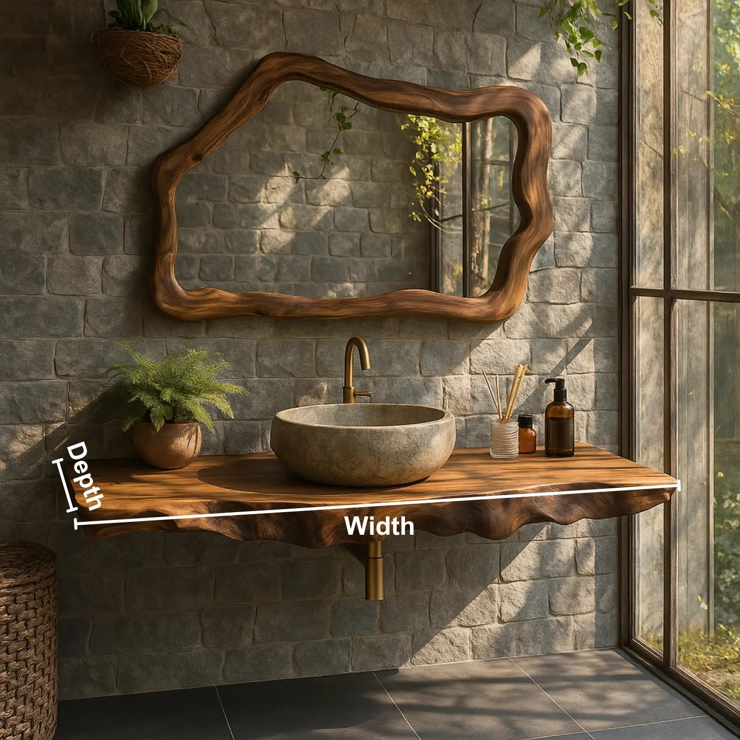 Handcrafted Solid Wood Floating Vanity with Natural Wave Edge for Organic Modern Bathrooms Kitchnce