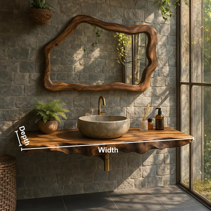 Handcrafted Solid Wood Floating Vanity with Natural Wave Edge for Organic Modern Bathrooms Kitchnce