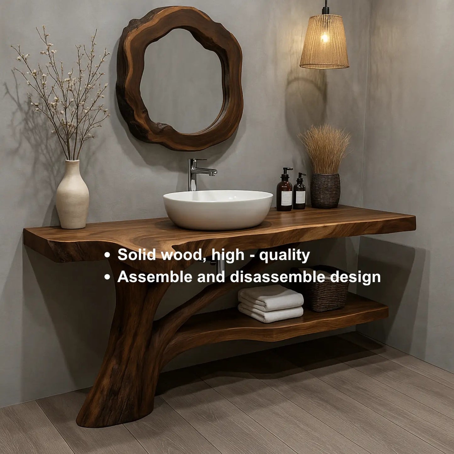 Handcrafted Solid Wood Vanity with Tree-Root Inspired Base and Organic Live Edge Design Kitchnce