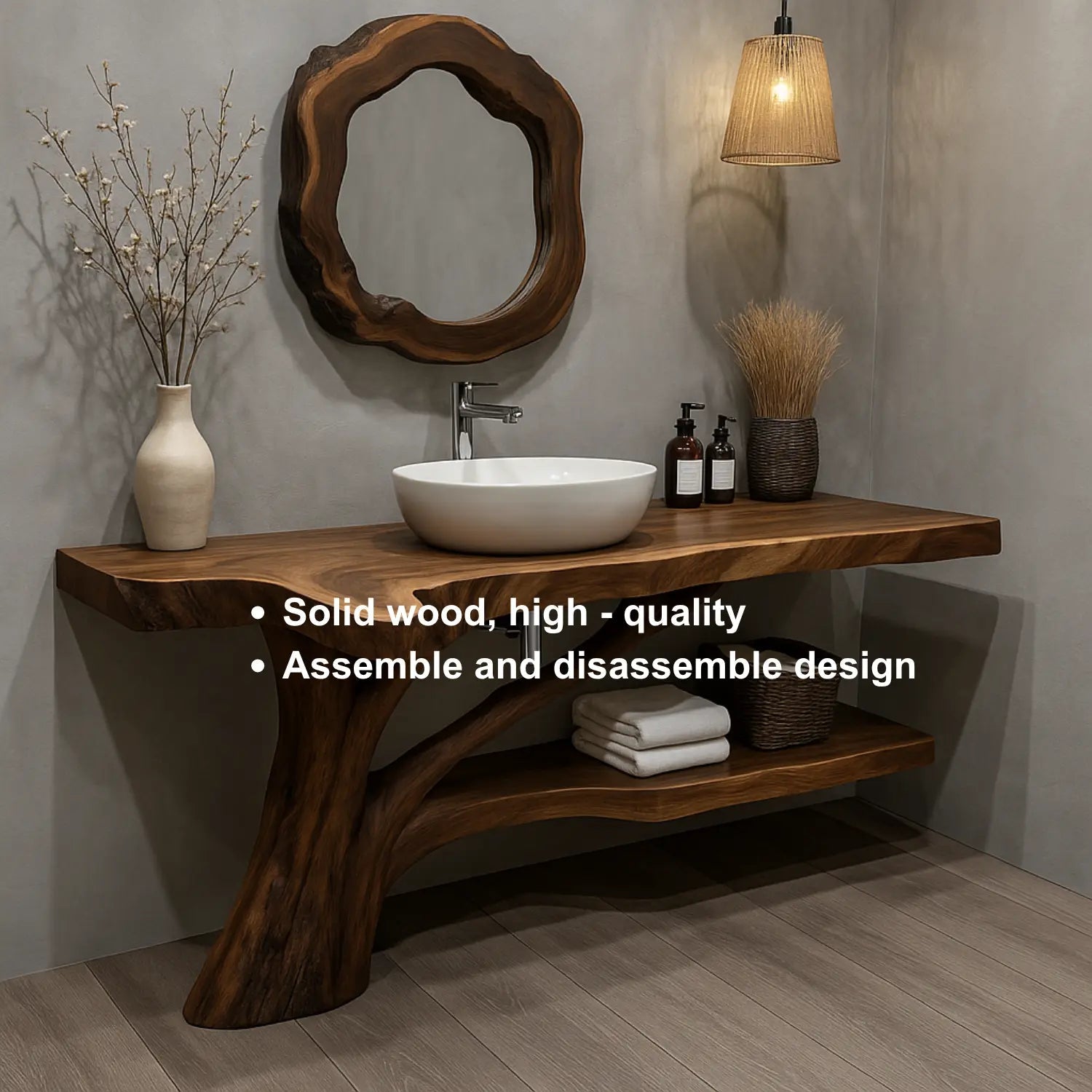 Handcrafted Solid Wood Vanity with Tree-Root Inspired Base and Organic Live Edge Design Kitchnce