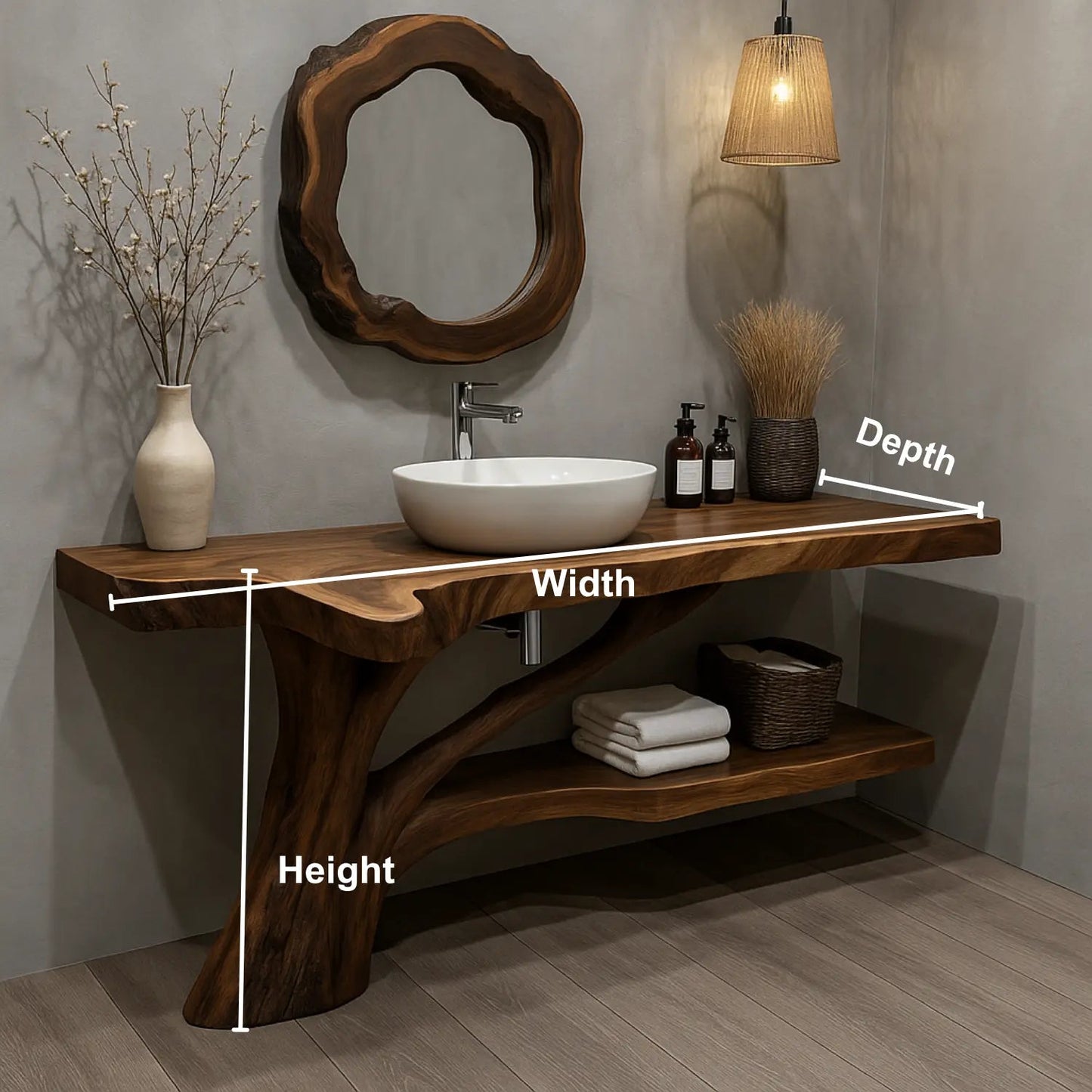 Handcrafted Solid Wood Vanity with Tree-Root Inspired Base and Organic Live Edge Design Kitchnce
