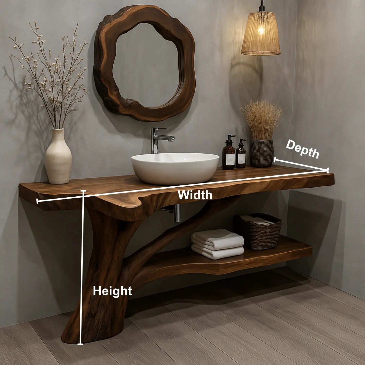 Handcrafted Solid Wood Vanity with Tree-Root Inspired Base and Organic Live Edge Design Kitchnce