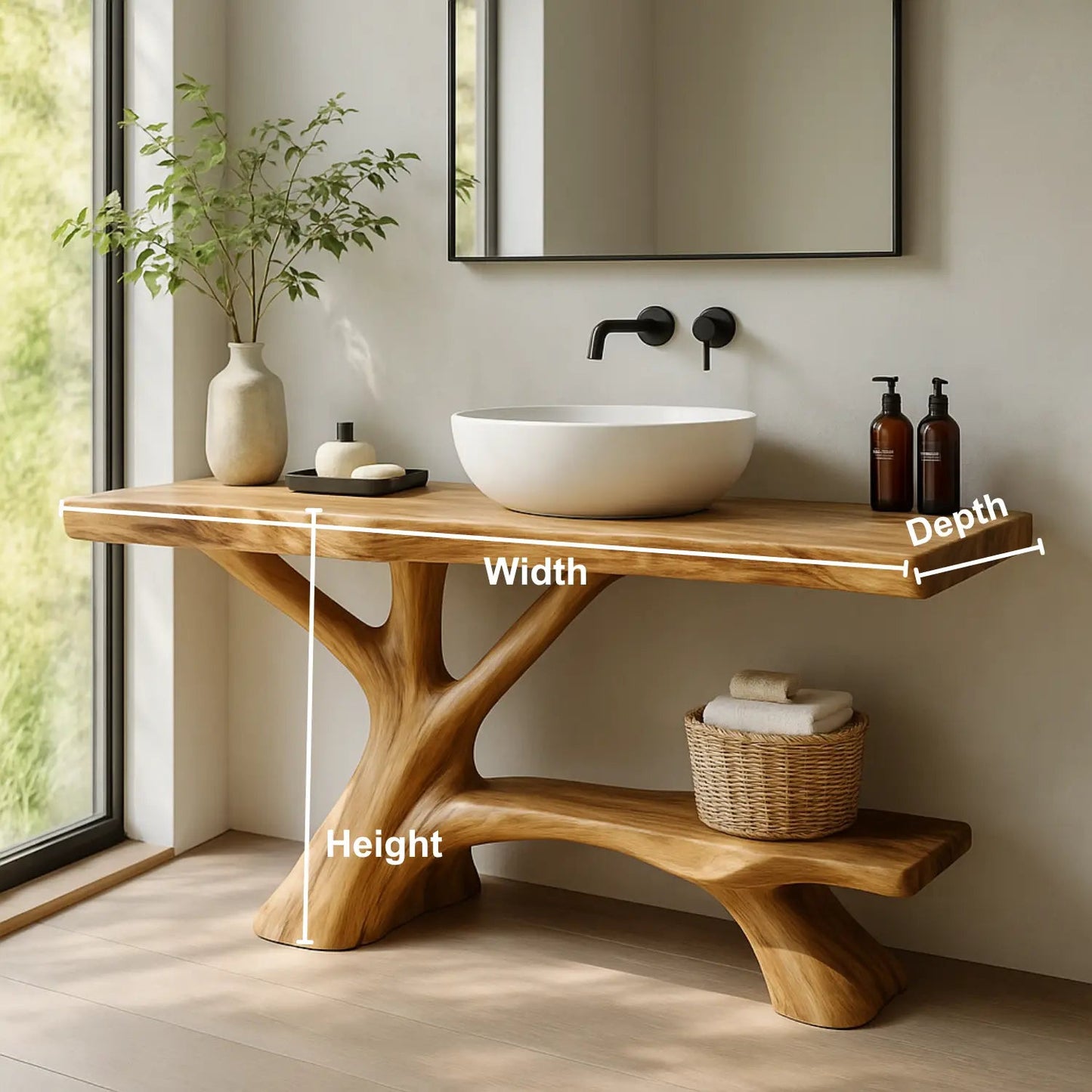 Handcrafted Solid Wood Vanity with Branch-Inspired Base and Organic Sculptural Design Kitchnce
