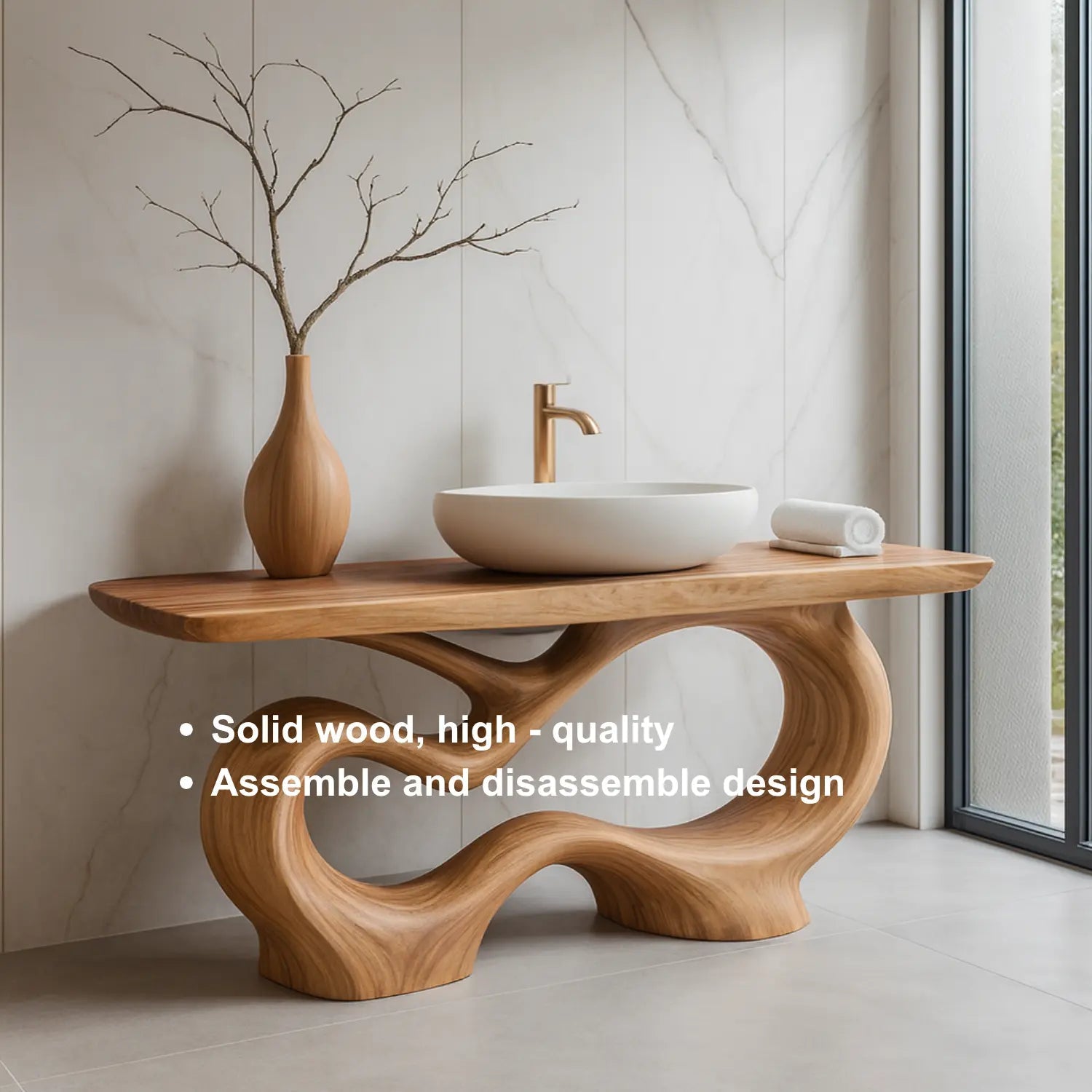 Handcrafted Solid Wood Sculptural Vanity with Organic Curved Base for Modern Interiors Kitchnce