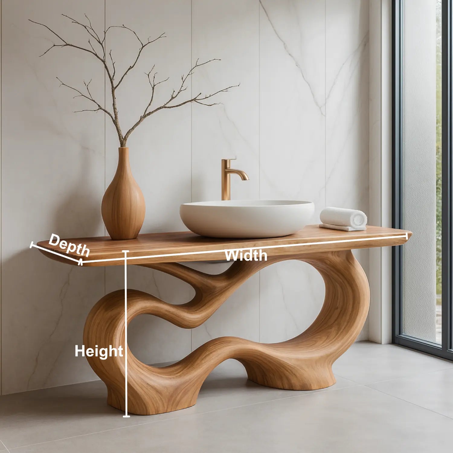 Handcrafted Solid Wood Sculptural Vanity with Organic Curved Base for Modern Interiors Kitchnce