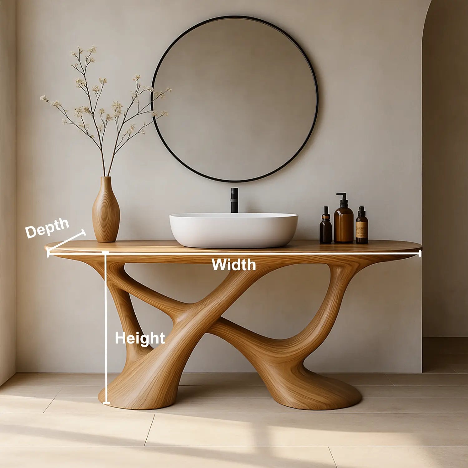 Handcrafted Solid Wood Vanity with Fluid Organic Shape and Modern Sculptural Design Kitchnce