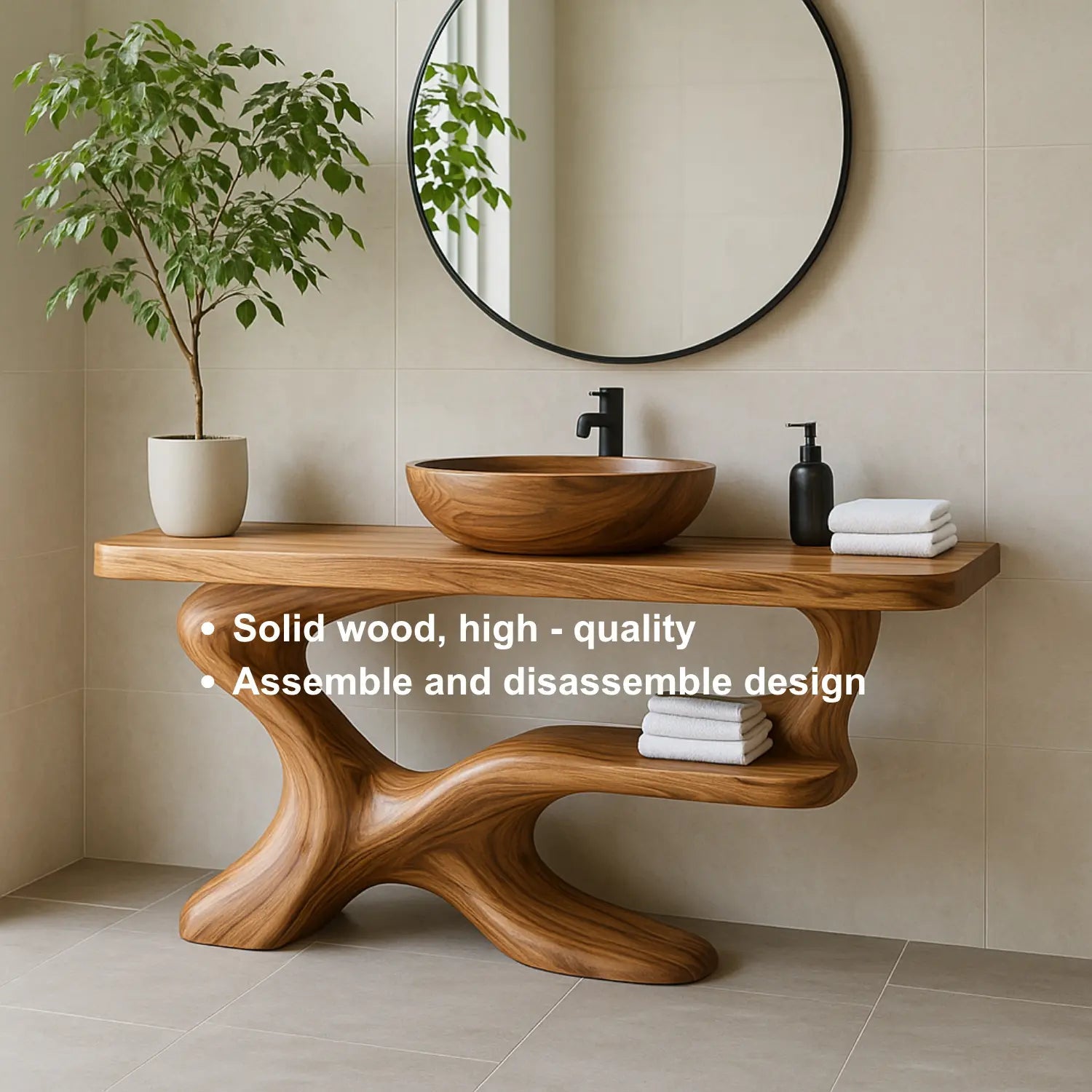 Handcrafted Solid Wood Vanity with Sculptural Flow Design and Contemporary Natural Form Kitchnce