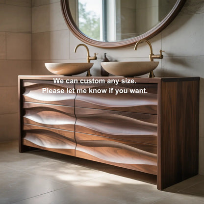 Handcrafted Solid Walnut Bathroom Vanity – Sculptural Wave Front Double Sink Cabinet with Brass Fixtures Kitchnce
