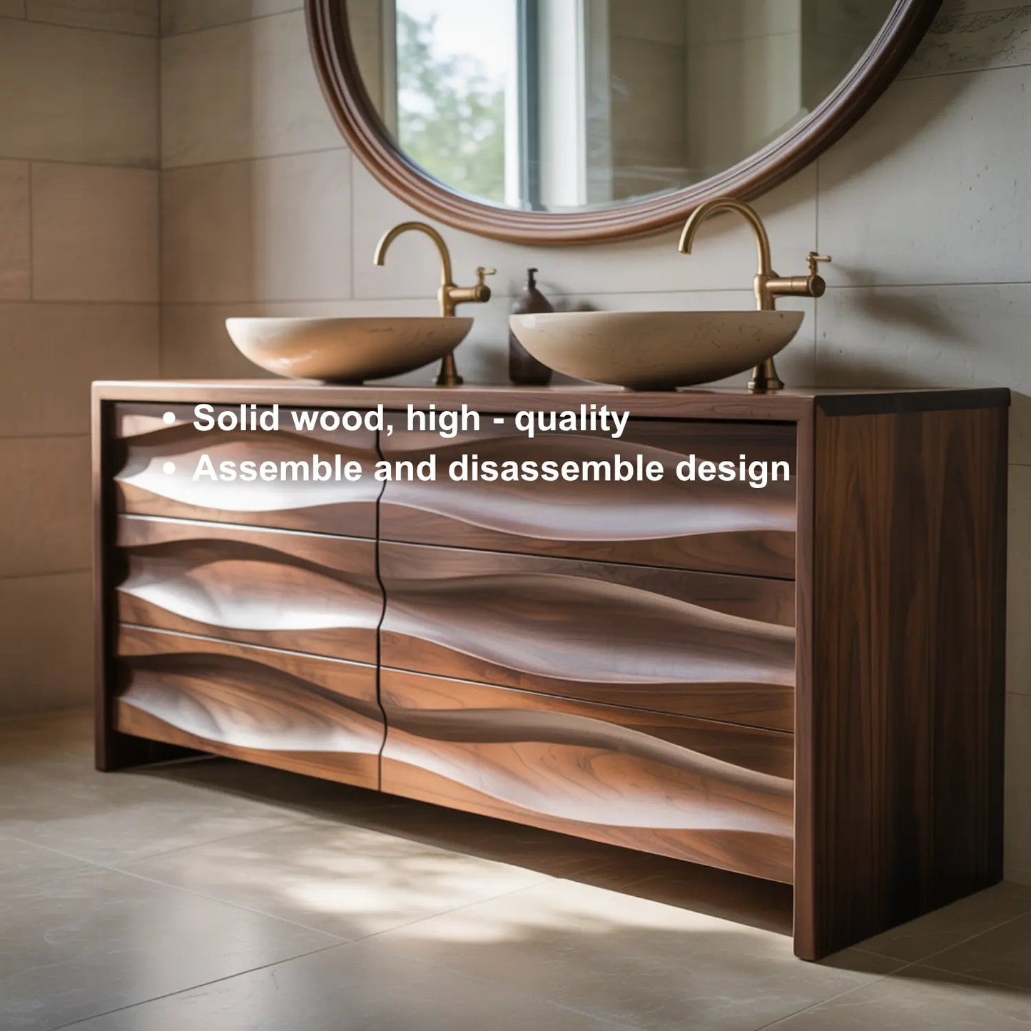 Handcrafted Solid Walnut Bathroom Vanity – Sculptural Wave Front Double Sink Cabinet with Brass Fixtures Kitchnce