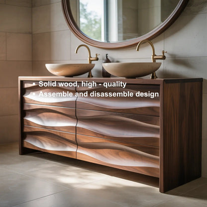 Handcrafted Solid Walnut Bathroom Vanity – Sculptural Wave Front Double Sink Cabinet with Brass Fixtures Kitchnce