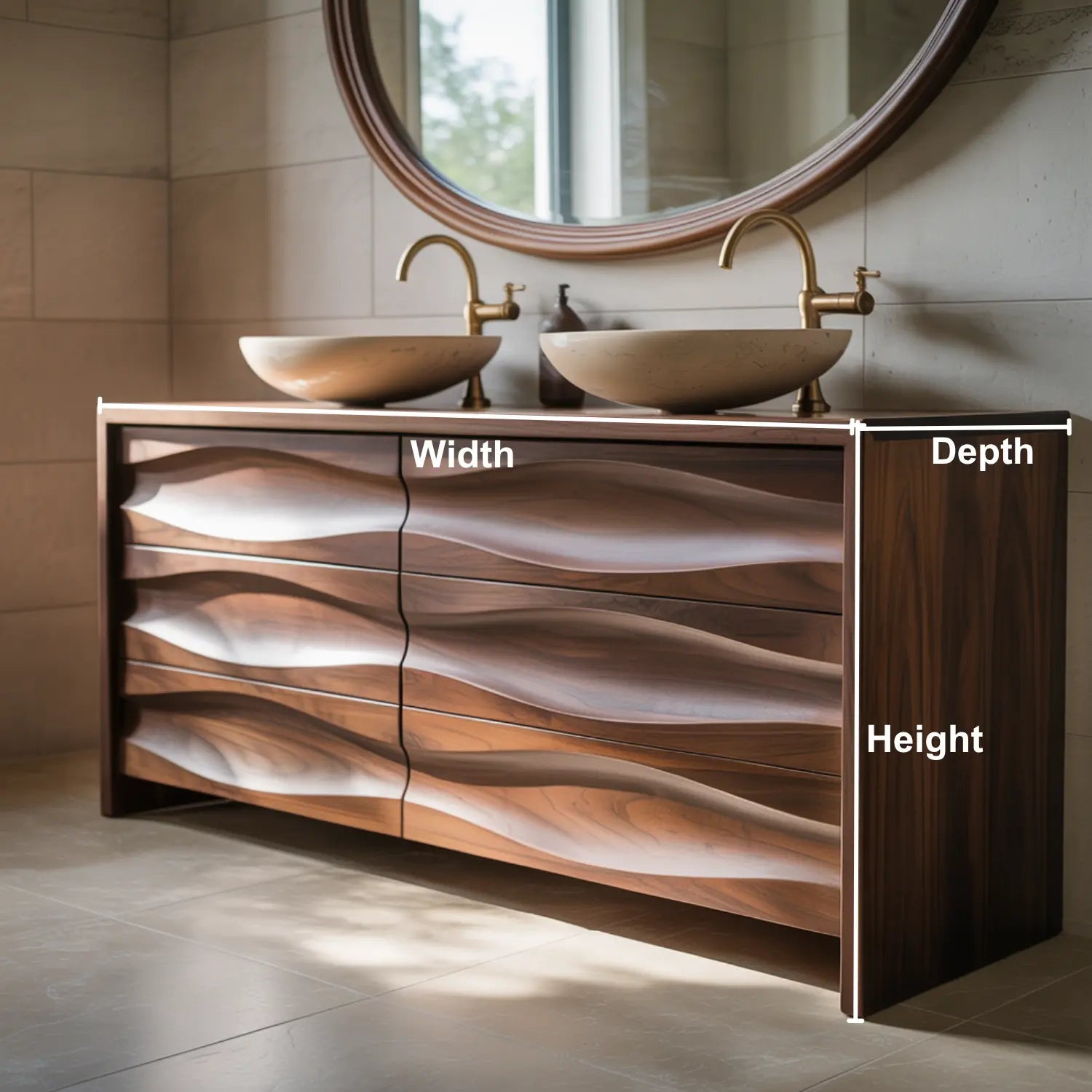 Handcrafted Solid Walnut Bathroom Vanity – Sculptural Wave Front Double Sink Cabinet with Brass Fixtures Kitchnce