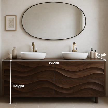Handcrafted Solid Wood Bathroom Vanity – Organic Wave Front Double Sink Cabinet with Modern Brass Fixtures Kitchnce