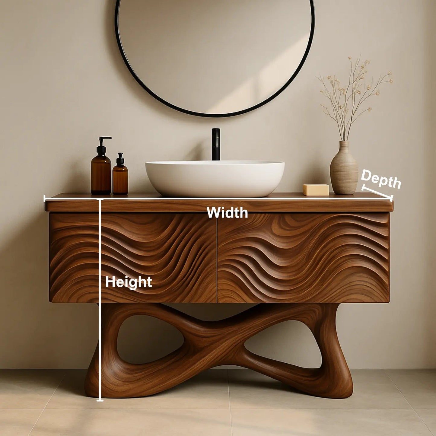 Handcrafted Solid Walnut Bathroom Vanity – Sculptural Wave Front with Organic Twisted Base Design Kitchnce