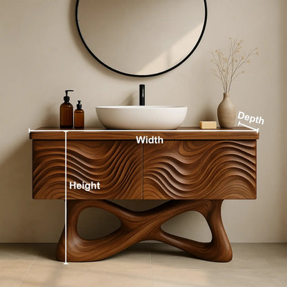 Handcrafted Solid Walnut Bathroom Vanity – Sculptural Wave Front with Organic Twisted Base Design Kitchnce