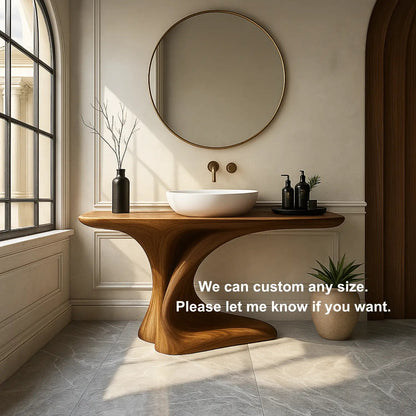 Handcrafted Solid Wood Bathroom Vanity – Organic Sculptural Flow Design with Artistic Curved Base Kitchnce
