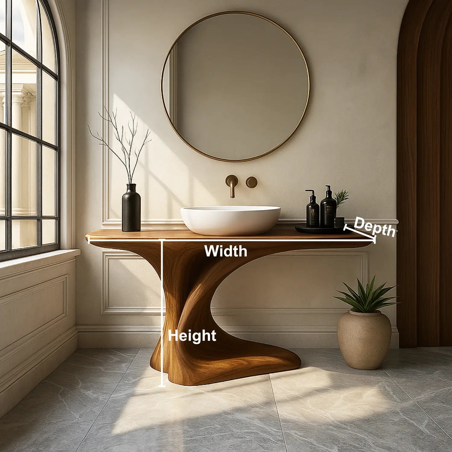 Handcrafted Solid Wood Bathroom Vanity – Organic Sculptural Flow Design with Artistic Curved Base Kitchnce