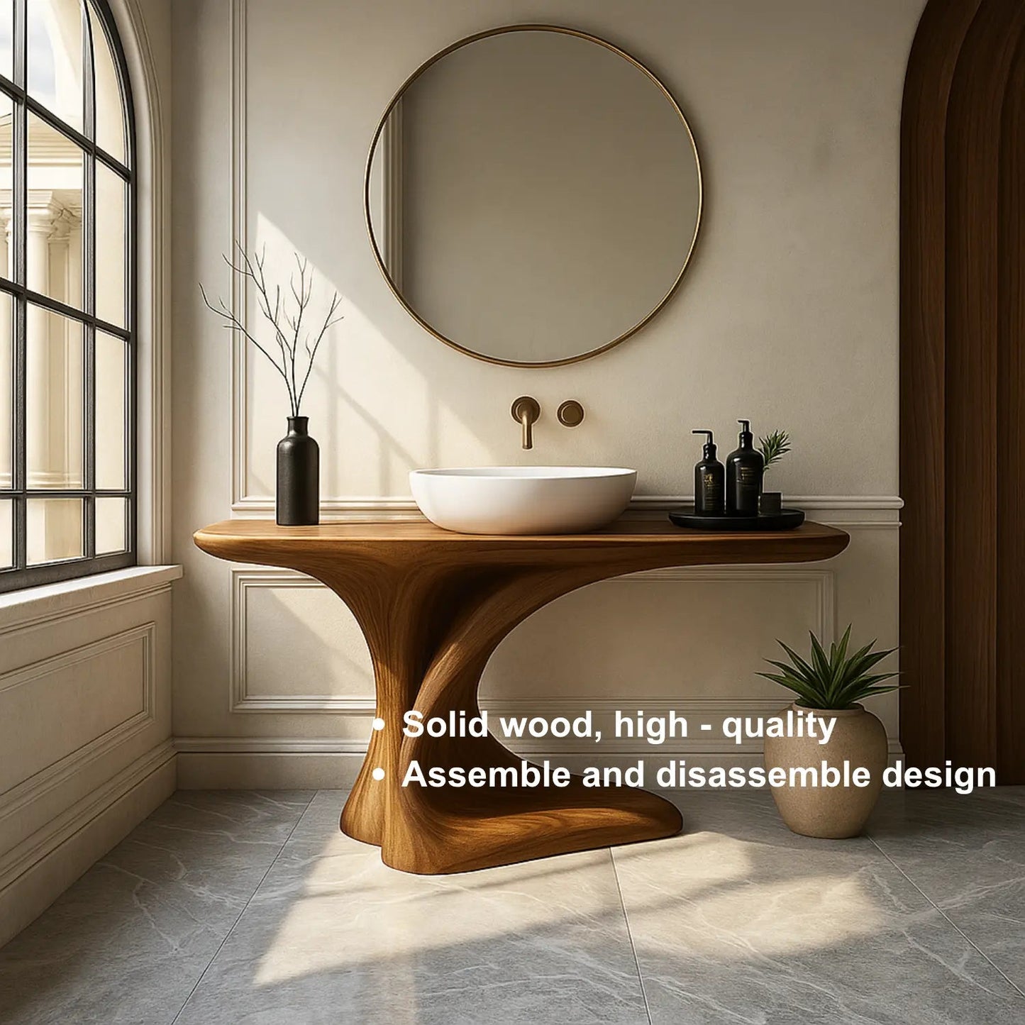 Handcrafted Solid Wood Bathroom Vanity – Organic Sculptural Flow Design with Artistic Curved Base Kitchnce