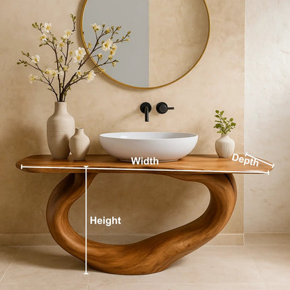 Handcrafted Solid Wood Bathroom Vanity – Organic Sculptural Flow Base in Natural Finish Kitchnce