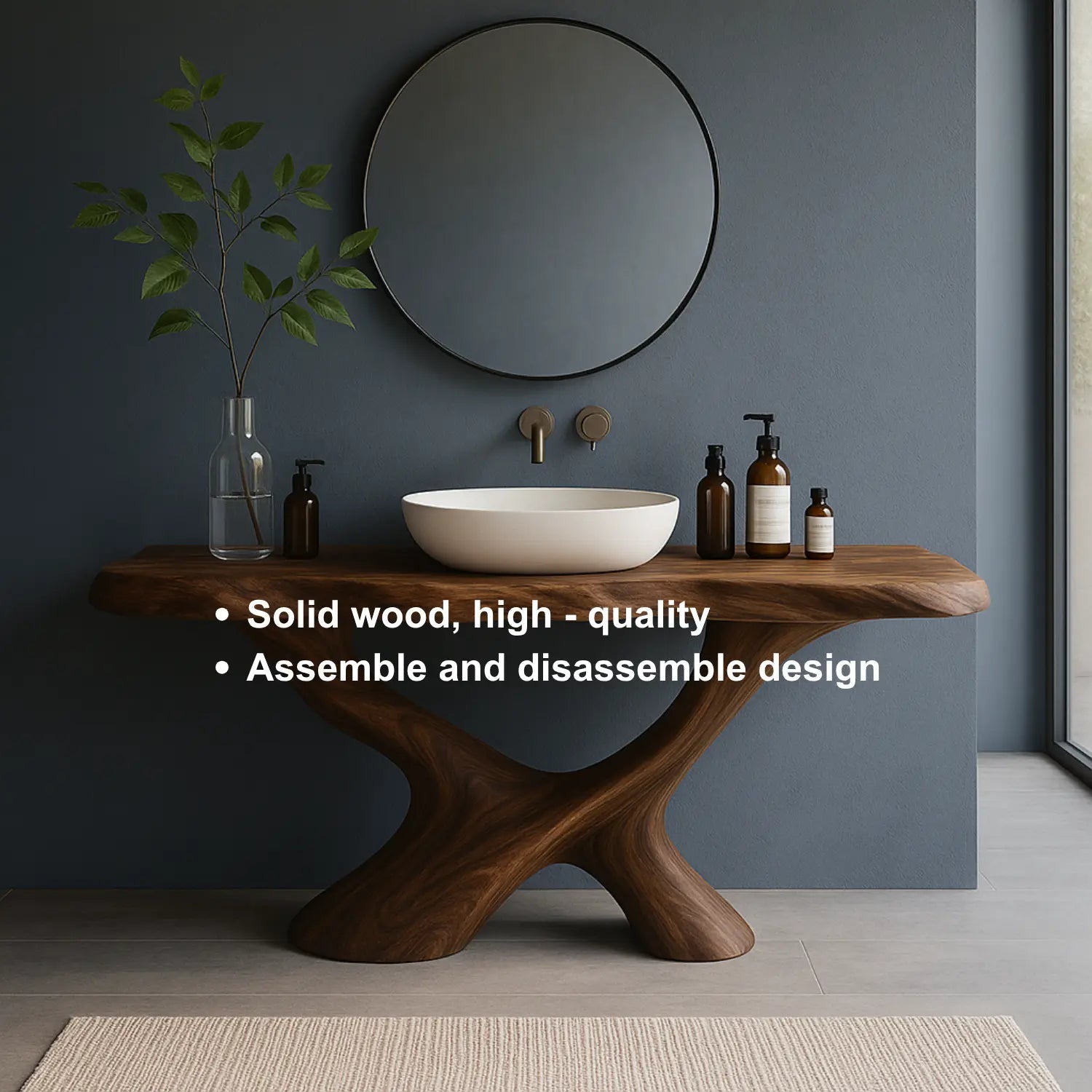 Handcrafted Solid Wood Bathroom Vanity – Sculptural Organic Flow Base with Modern Artistic Form Kitchnce