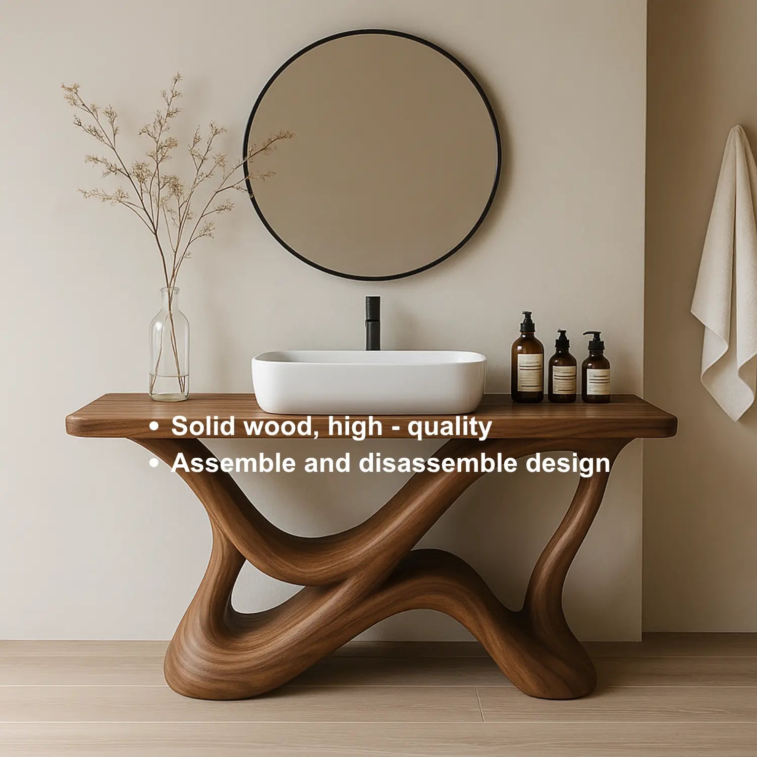 Handcrafted Solid Wood Bathroom Vanity – Organic Interwoven Flow Sculptural Base Design Kitchnce