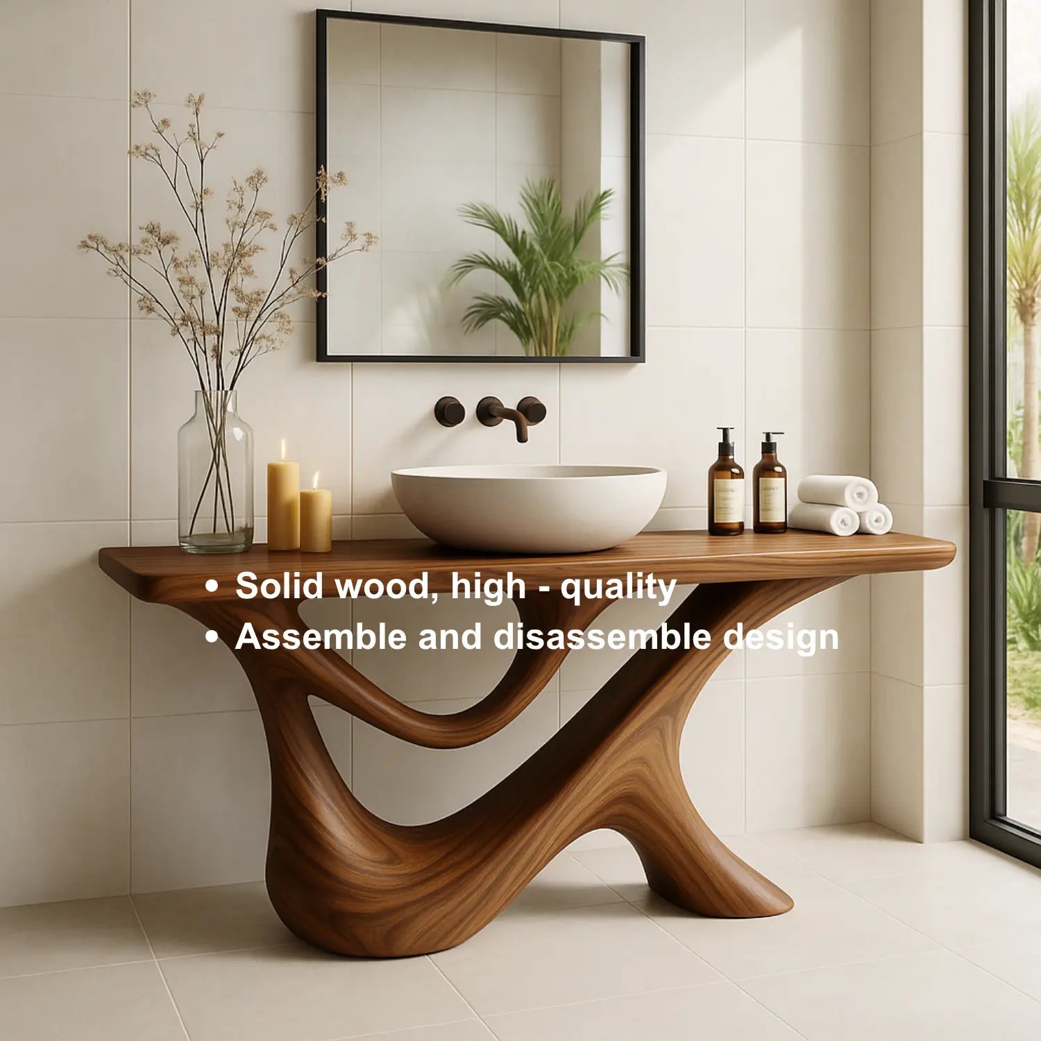 Handcrafted Solid Wood Bathroom Vanity – Sculptural Organic Y-Form Base with Natural Flow Design Kitchnce