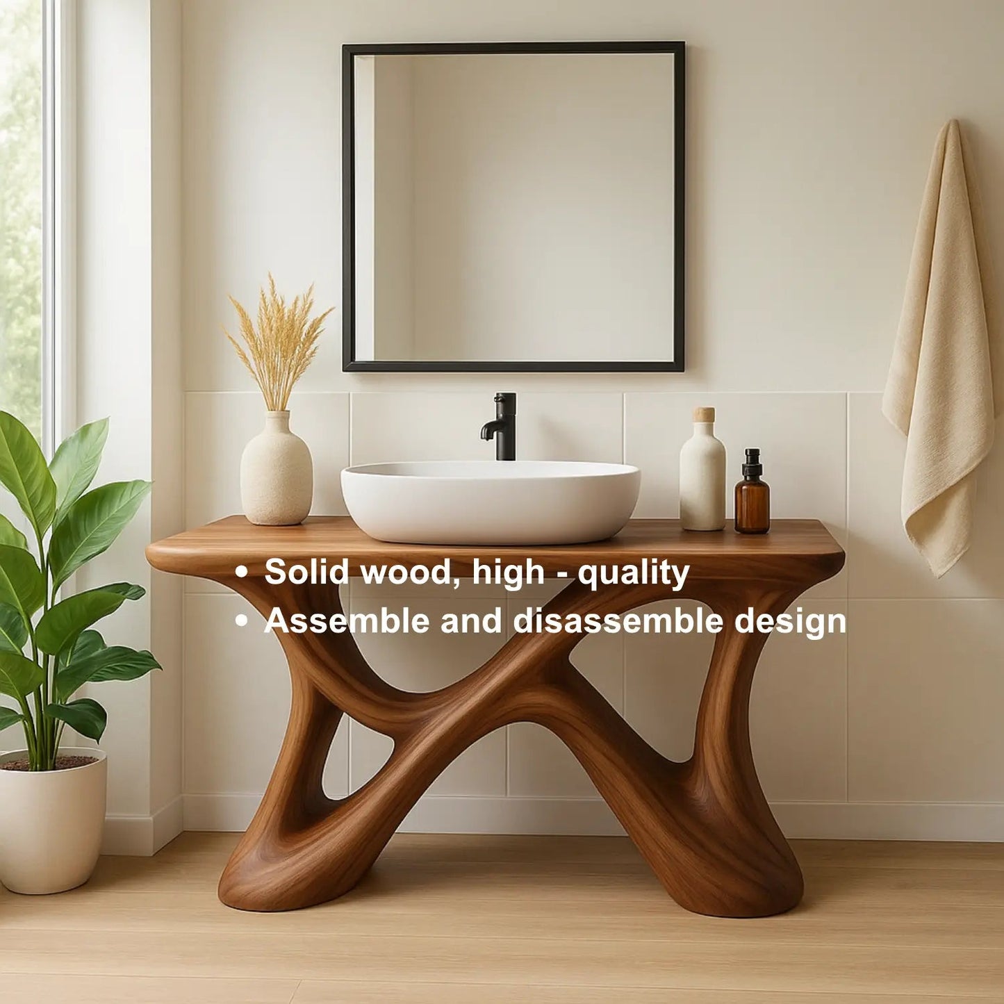 Handcrafted Solid Wood Bathroom Vanity – Sculptural Organic X-Form Base with Modern Artistic Flow Kitchnce