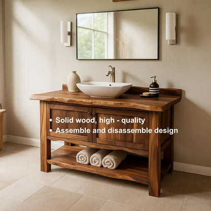 Handcrafted Solid Wood Bathroom Vanity – Rustic Live Edge Design with Open Shelf Storage Kitchnce