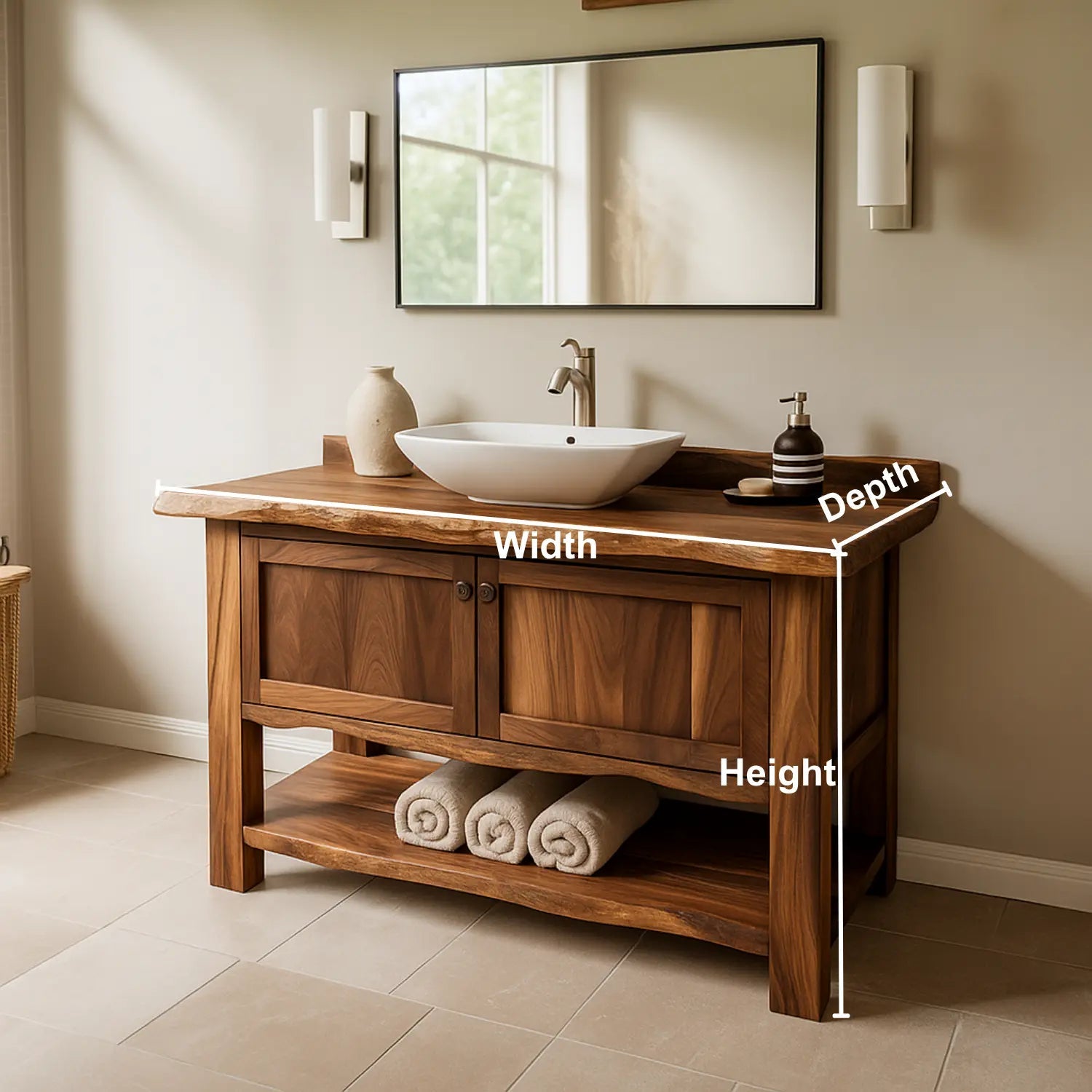 Handcrafted Solid Wood Bathroom Vanity – Rustic Live Edge Design with Open Shelf Storage Kitchnce