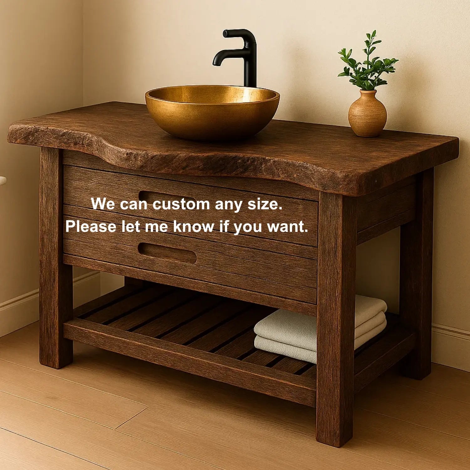 Handcrafted Solid Wood Bathroom Vanity – Rustic Live Edge Base with Drawers and Slatted Shelf Kitchnce