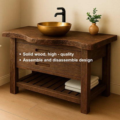 Handcrafted Solid Wood Bathroom Vanity – Rustic Live Edge Base with Drawers and Slatted Shelf Kitchnce