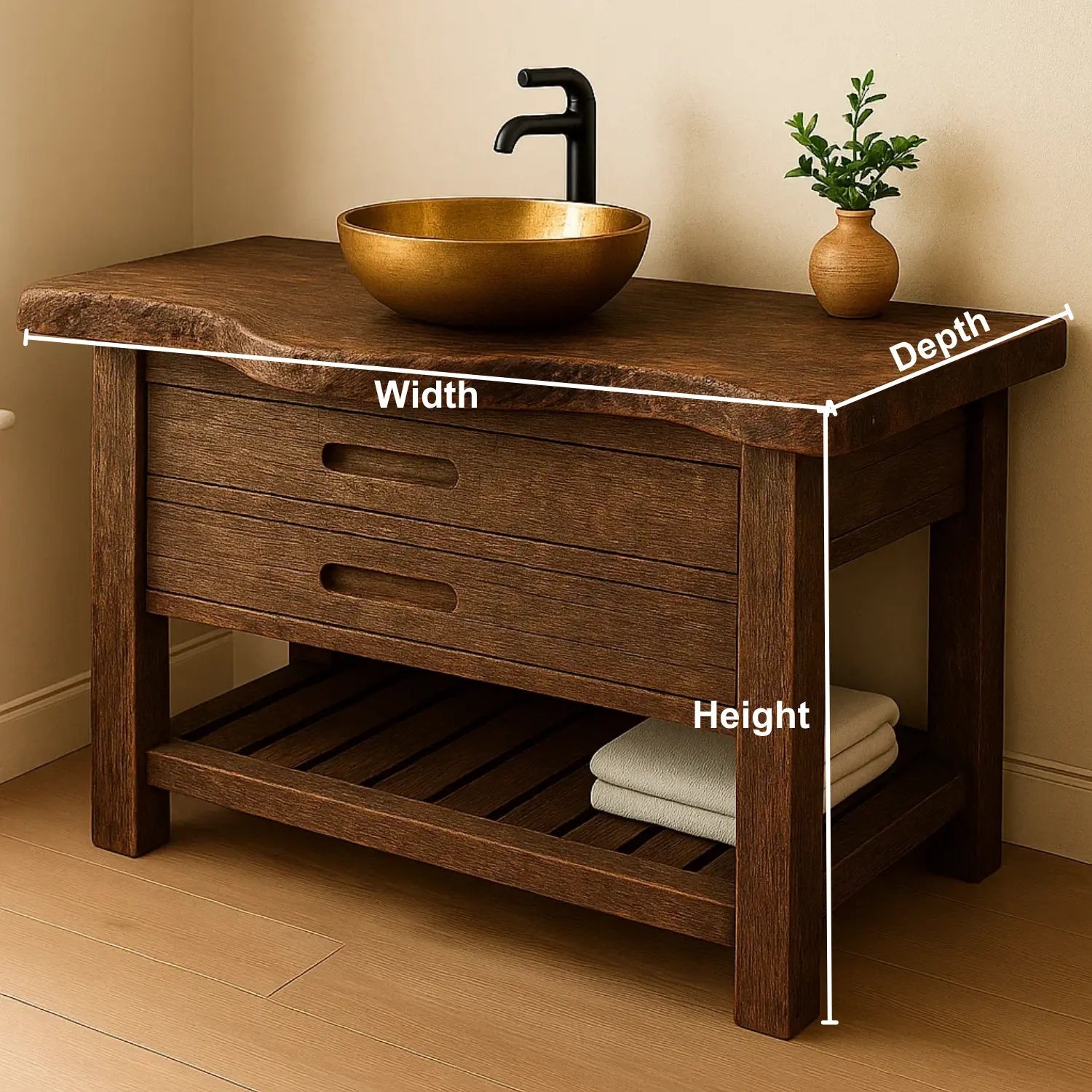 Handcrafted Solid Wood Bathroom Vanity – Rustic Live Edge Base with Drawers and Slatted Shelf Kitchnce