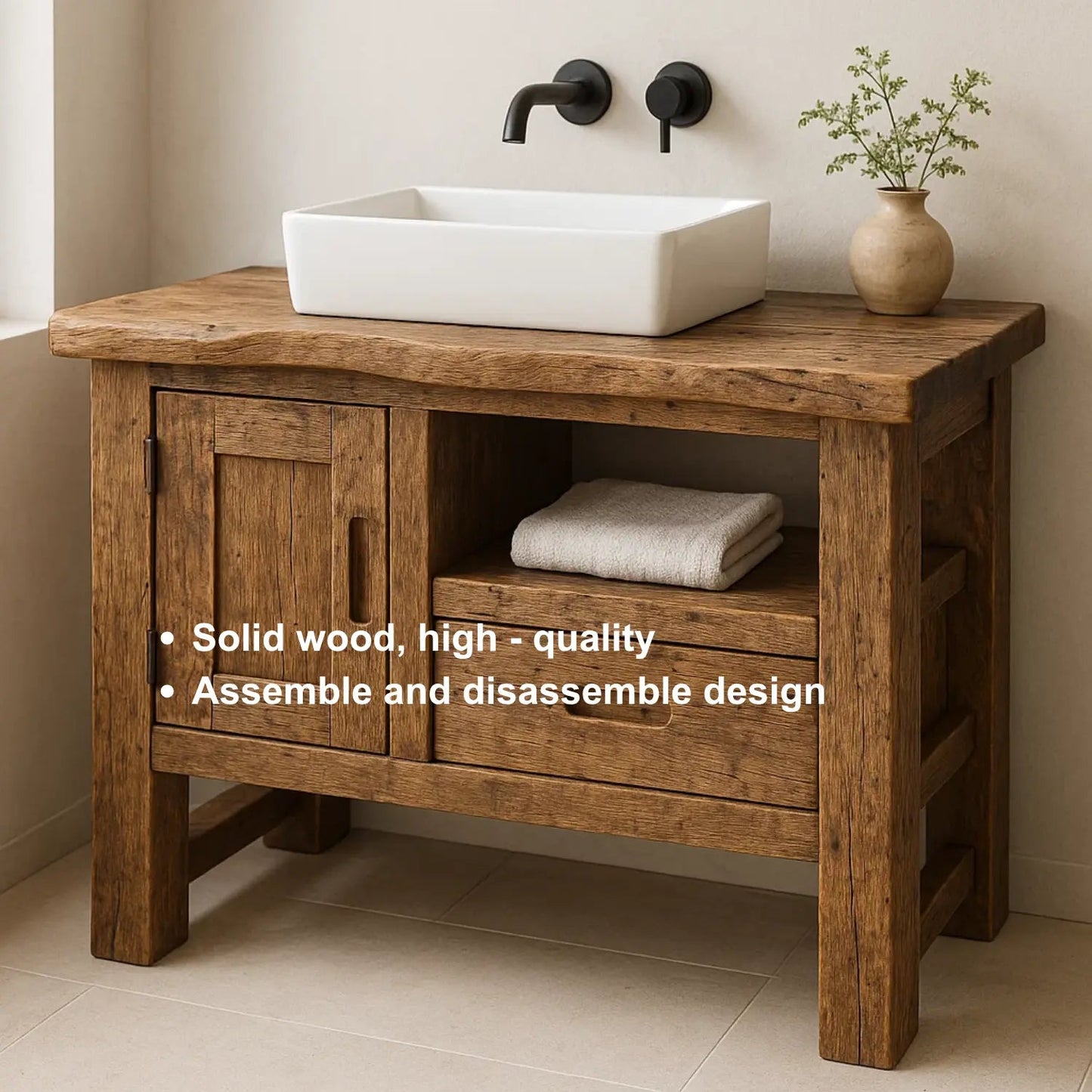 Handcrafted Solid Wood Bathroom Vanity – Rustic Live Edge Base with Drawer and Cabinet Storage Kitchnce