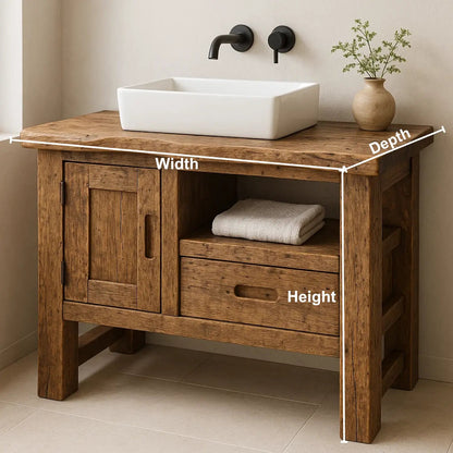 Handcrafted Solid Wood Bathroom Vanity – Rustic Live Edge Base with Drawer and Cabinet Storage Kitchnce
