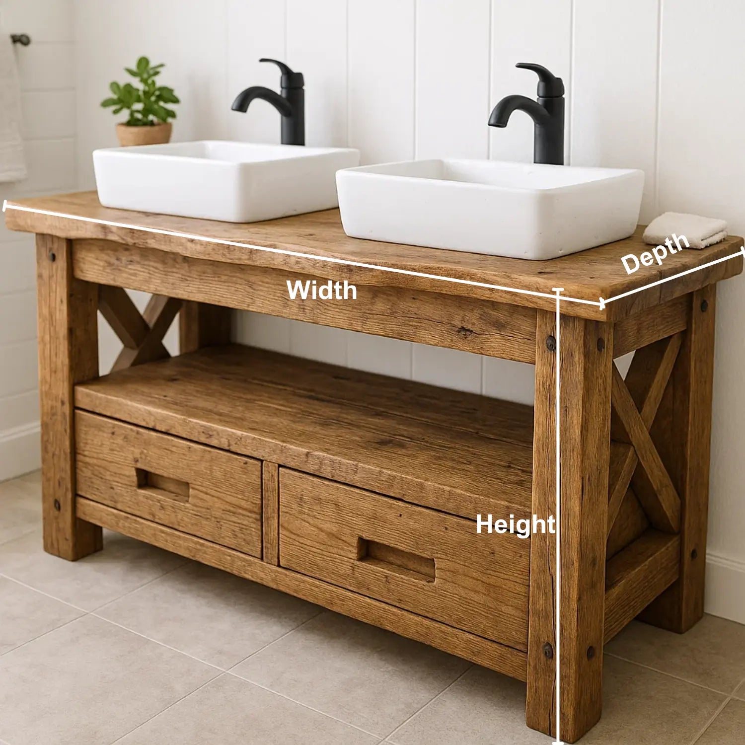 Handcrafted Solid Wood Bathroom Vanity – Rustic Live Edge Double Base with Drawers and Cross-Leg Design Kitchnce