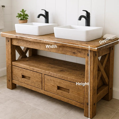 Handcrafted Solid Wood Bathroom Vanity – Rustic Live Edge Double Base with Drawers and Cross-Leg Design Kitchnce