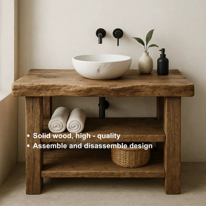 Handcrafted Solid Wood Bathroom Vanity – Rustic Live Edge Base with Double Open Shelves Kitchnce