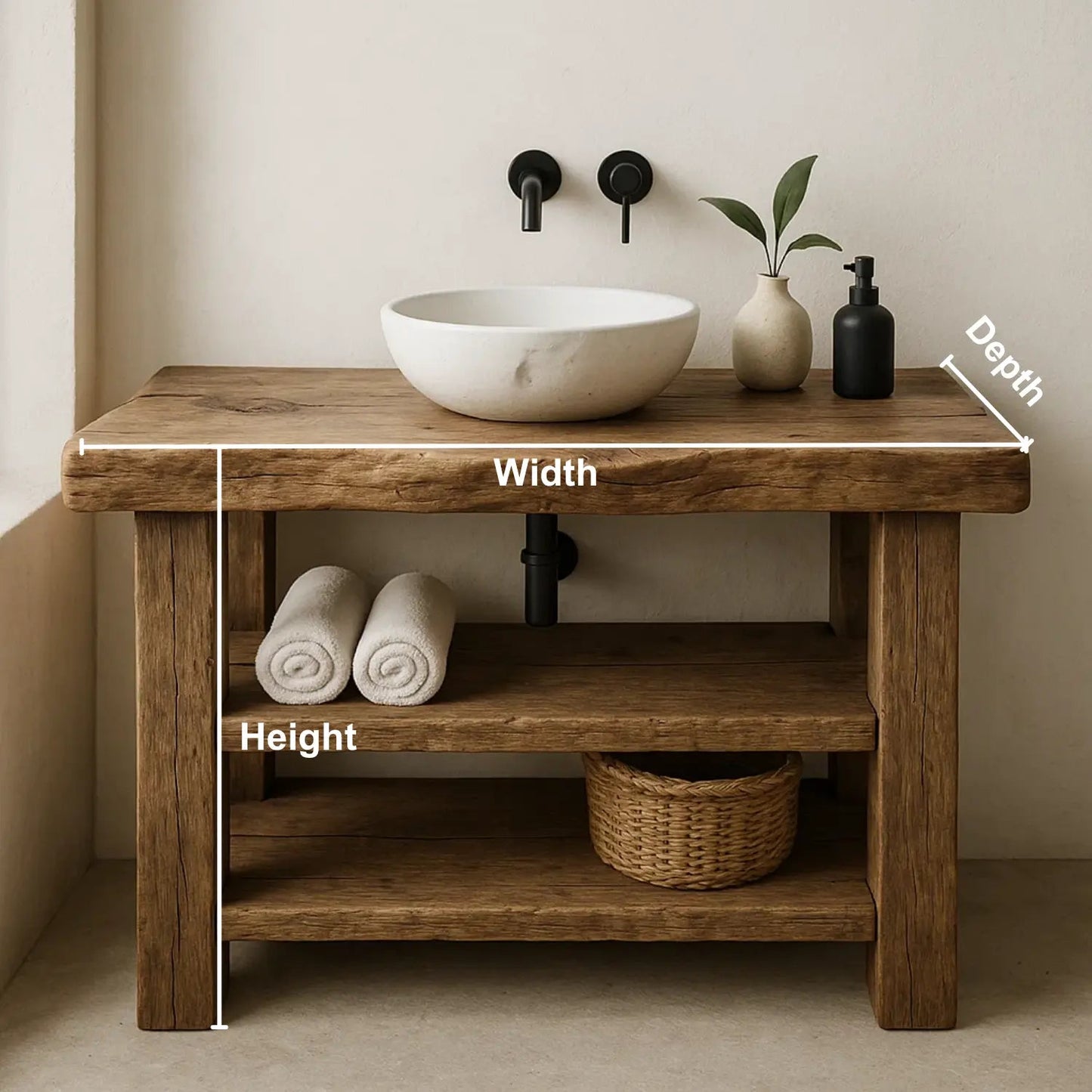 Handcrafted Solid Wood Bathroom Vanity – Rustic Live Edge Base with Double Open Shelves Kitchnce