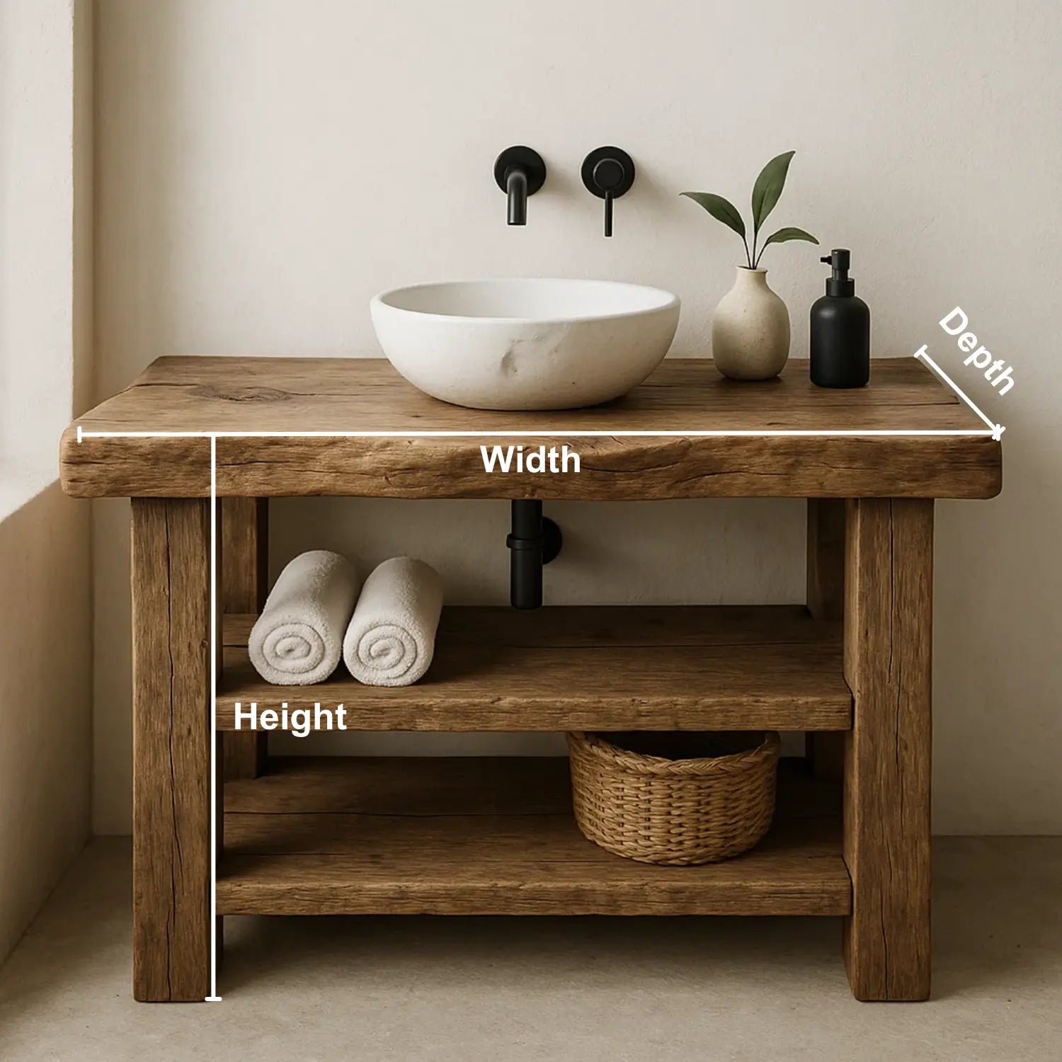 Handcrafted Solid Wood Bathroom Vanity – Rustic Live Edge Base with Double Open Shelves Kitchnce