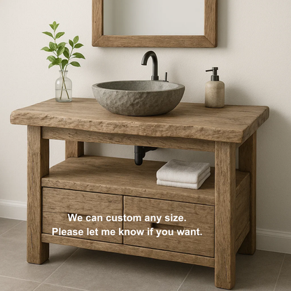 Handcrafted Solid Wood Bathroom Vanity – Rustic Live Edge Base with Drawers and Open Shelf Kitchnce