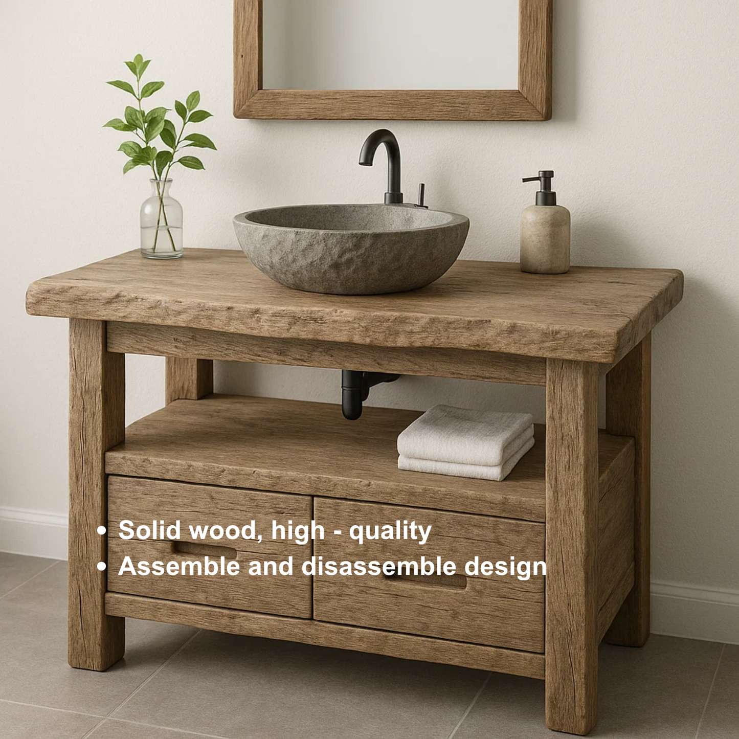 Handcrafted Solid Wood Bathroom Vanity – Rustic Live Edge Base with Drawers and Open Shelf Kitchnce