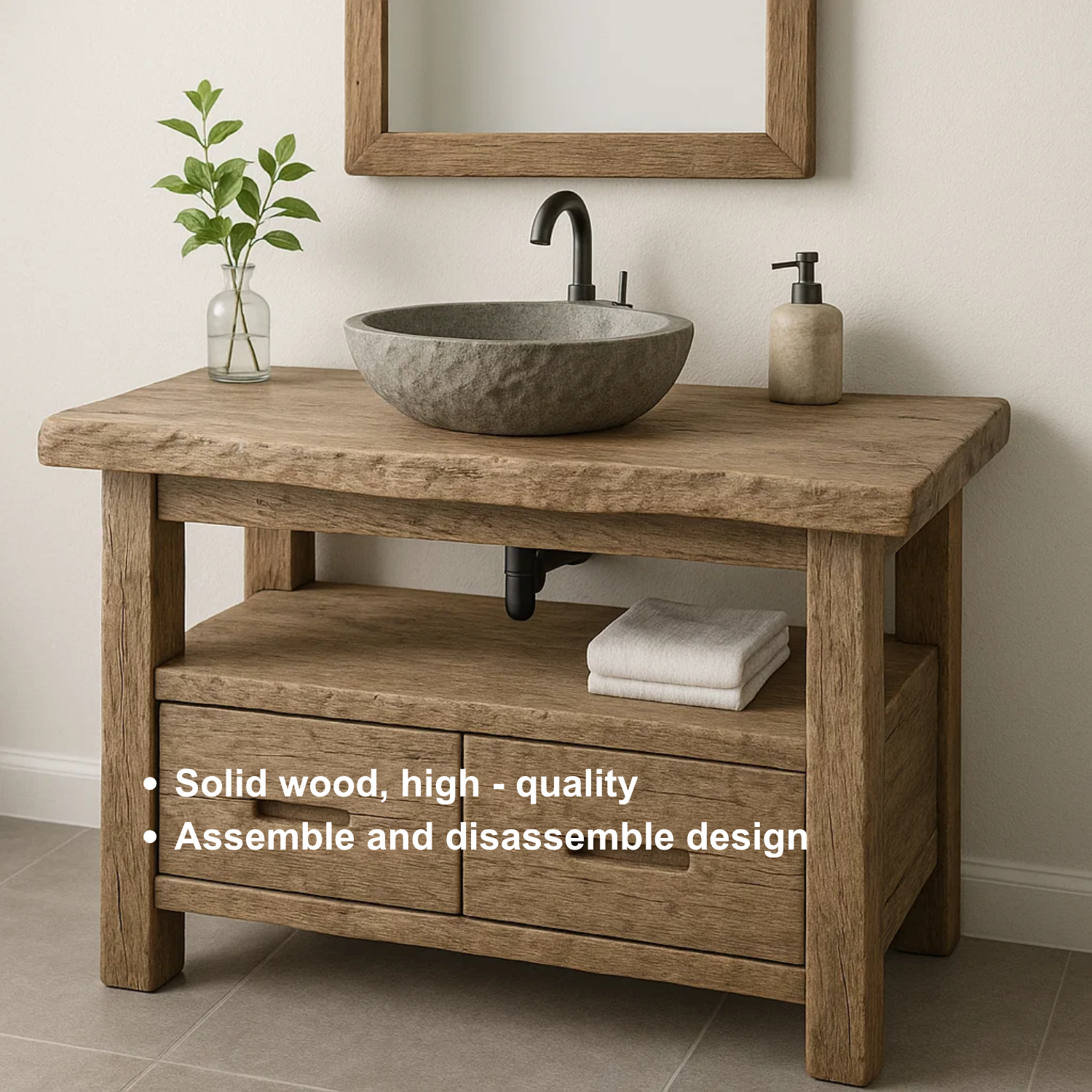 Handcrafted Solid Wood Bathroom Vanity – Rustic Live Edge Base with Drawers and Open Shelf Kitchnce