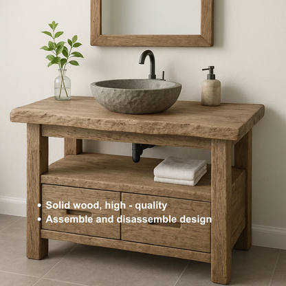 Handcrafted Solid Wood Bathroom Vanity – Rustic Live Edge Base with Drawers and Open Shelf Kitchnce