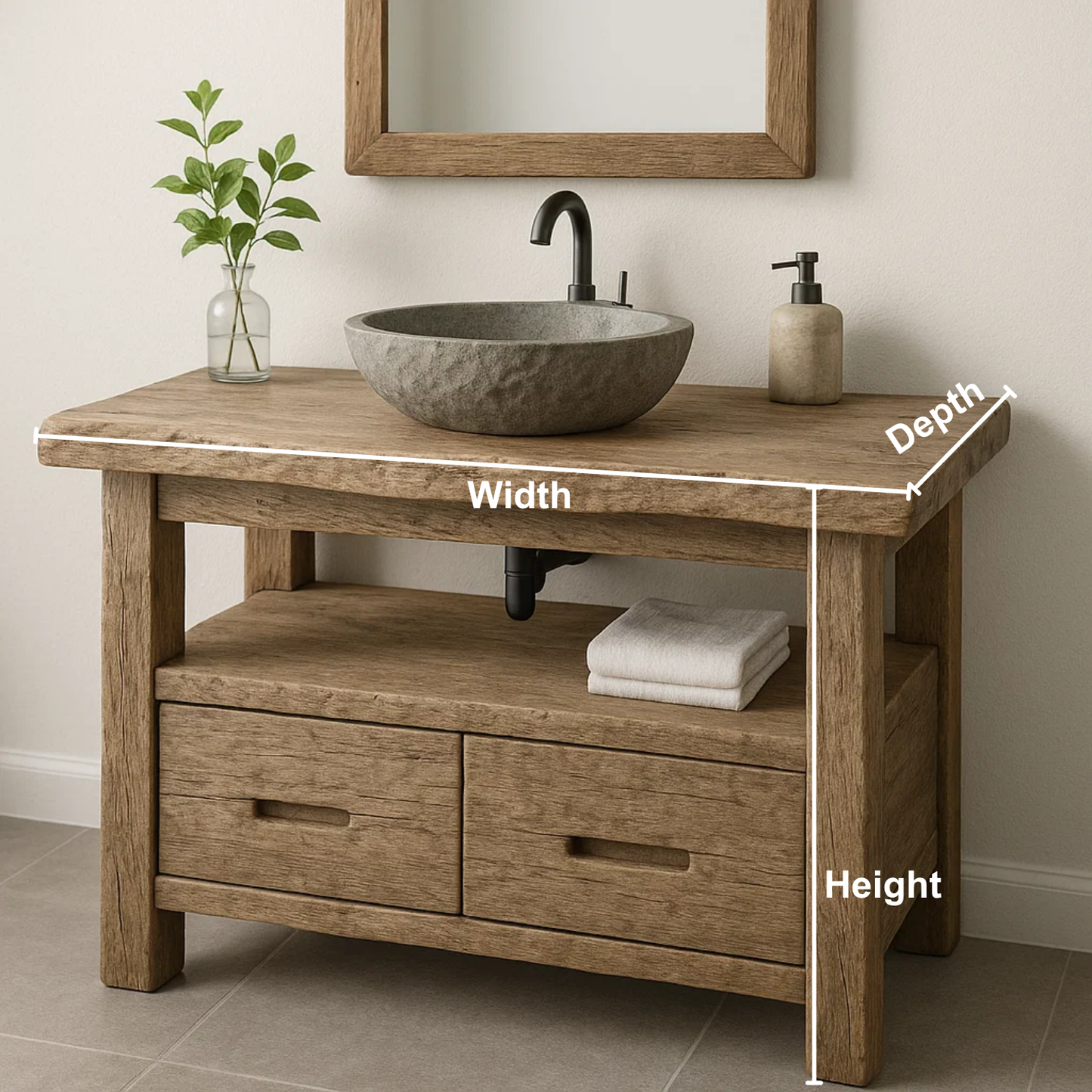 Handcrafted Solid Wood Bathroom Vanity – Rustic Live Edge Base with Drawers and Open Shelf Kitchnce