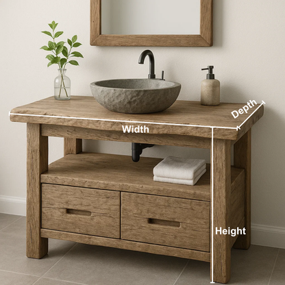 Handcrafted Solid Wood Bathroom Vanity – Rustic Live Edge Base with Drawers and Open Shelf Kitchnce