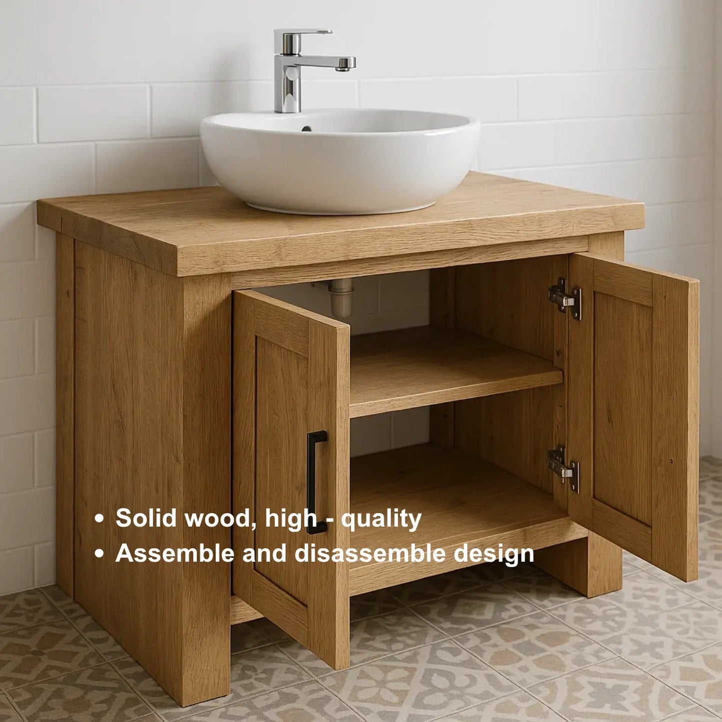 Modern Handcrafted Solid Wood Bathroom Vanity – Minimalist Cabinet Base with Double Doors Kitchnce