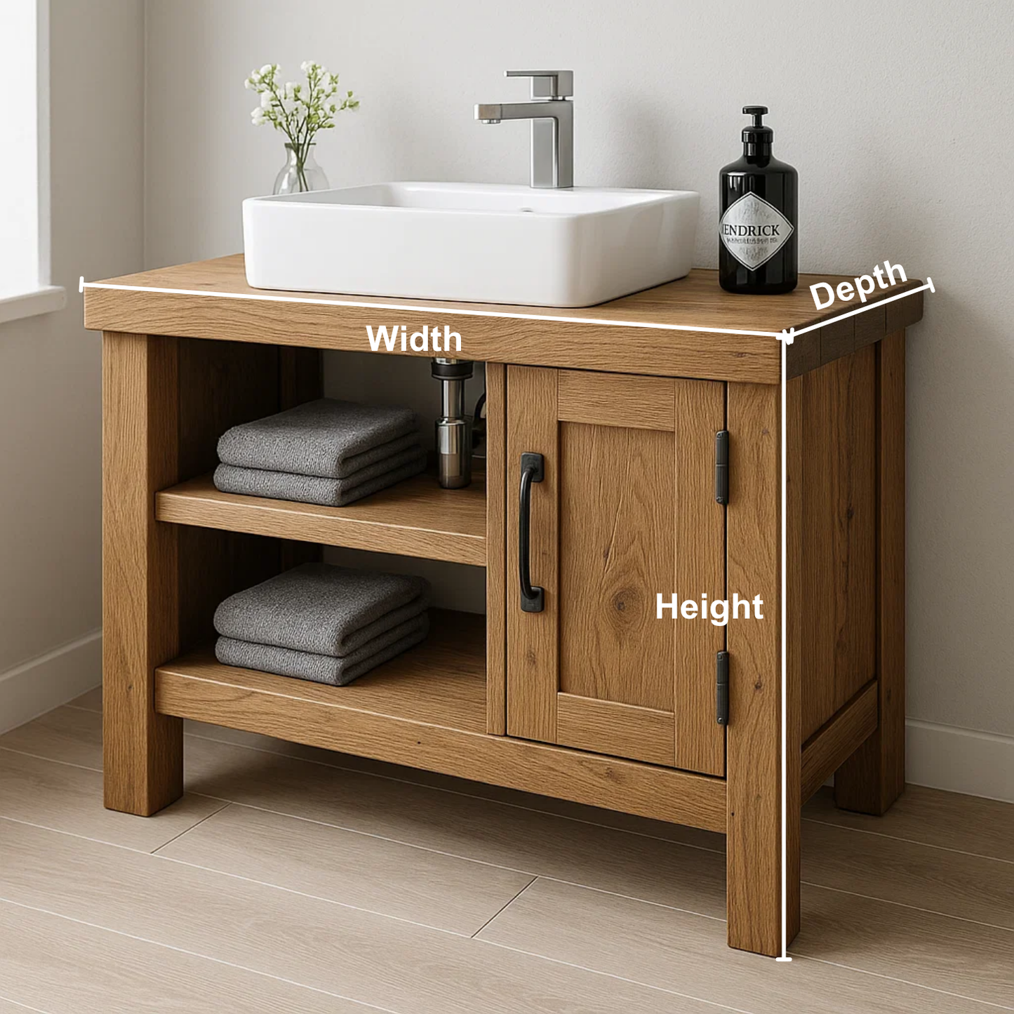 Handcrafted Solid Wood Bathroom Vanity – Modern Rustic Base with Door and Open Shelves Kitchnce