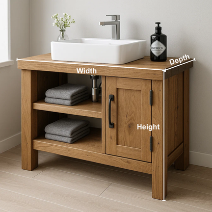 Handcrafted Solid Wood Bathroom Vanity – Modern Rustic Base with Door and Open Shelves Kitchnce